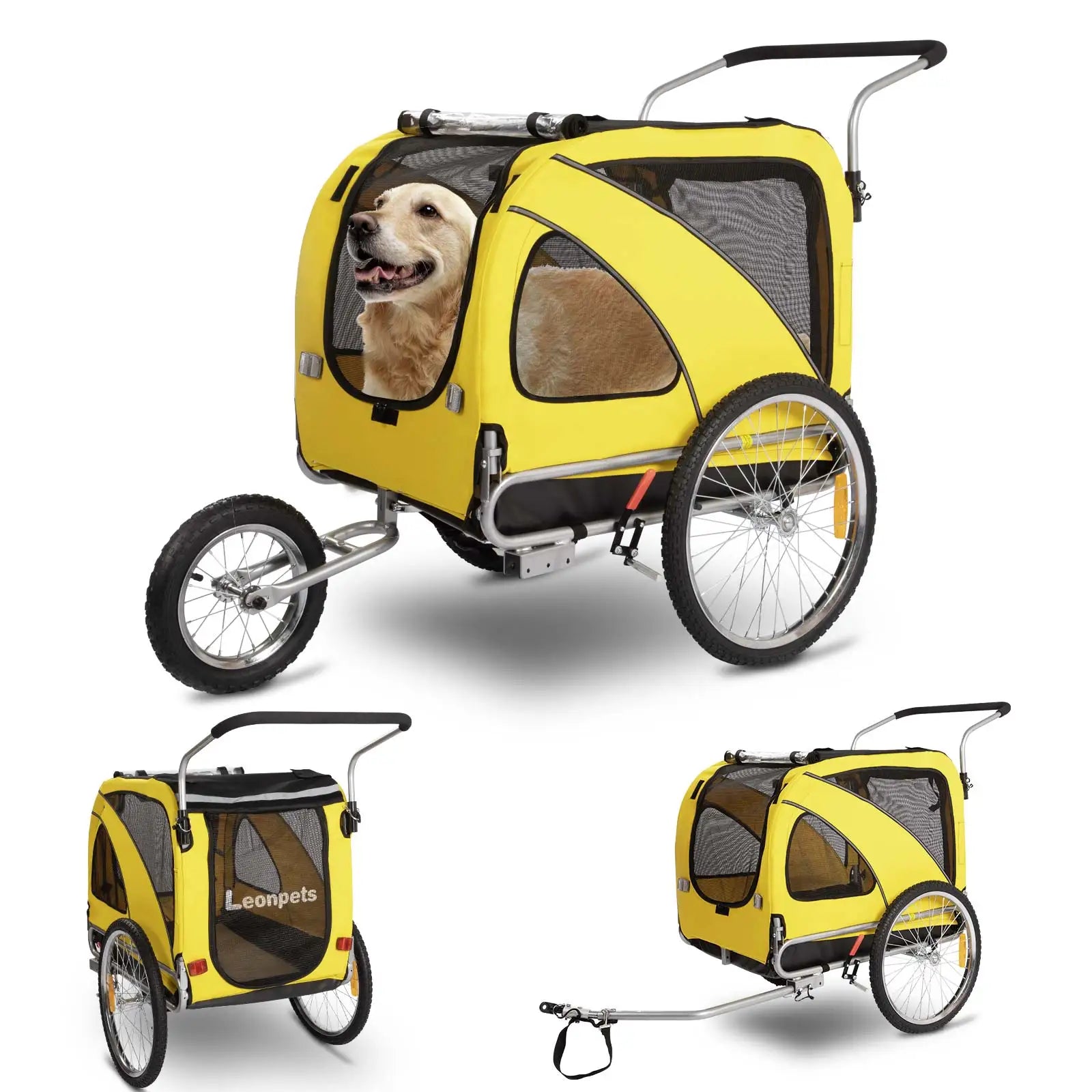 yellow dog stroller 3-in-1 Foldable Pet Bike Trailer with 12" Jogger & 6" Stroller Wheels